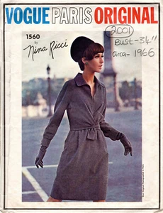 1966 Vintage VOGUE Sewing Pattern B34" DRESS (2001) Nina Ricci VOGUE 1560 - Picture 1 of 2
