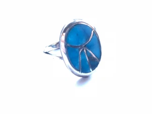 Vintage Zuni Sterling Silver and Blue Turquoise Oval Inlay Ring, Size 5.5 - Picture 1 of 7
