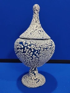 Vintage Handarbeit Keramik gesprenkelt Urlaub Bonbonglas Vase blau weiß - Bild 1 von 5