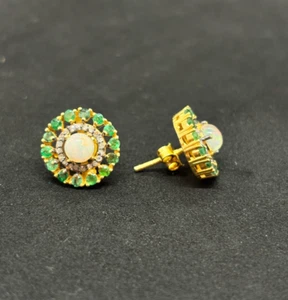 925 Sterling Silver Fine Quality Emerald Ethiopian Opal Gemstone Earring - Picture 1 of 3