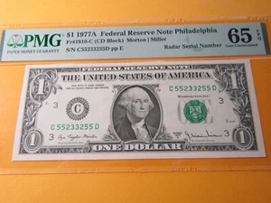 $1 1977-A Federal Reserve Note Philadelphia Radar Serial Number PMG Gem UNC65EPQ - Picture 1 of 2