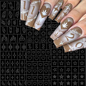 6 Sheets Heart Star Flowers Butterfly Flame Nail Art Stickers, Airbrush Nail Ste