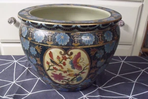 LARGE ANTIQUE JAPANESE BLUE LOTUS / BIRDS / FISH MORIAGE JARDINIERE / KOI BOWL - Picture 1 of 8