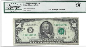 SERIES 1969B $50 DALLAS NOTE FRN #2116K LEGACY 25 VERY FINE (LOT V) - Picture 1 of 2