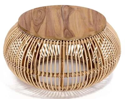 32 Inch Teak Coffee Table with Rattan, Round Shape - Padma's Plantation - Image 1 of 4
