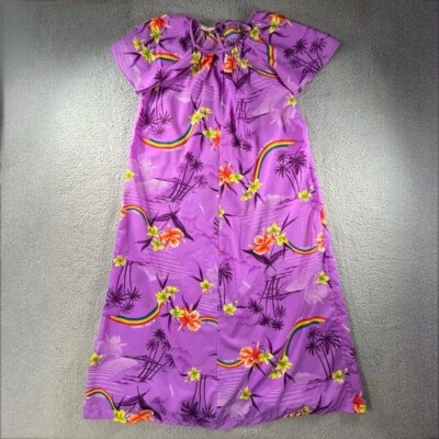 Vintage Hawaiian Mumu Dress Cover Up Purple Floral Rainbow Short Sleeve Alkane - Image 1 of 4