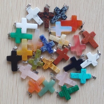 Wholesale 100pcs/lot mix natural Gemstone cross pendant Silver P Bead pendants - Изображение 1 из 2