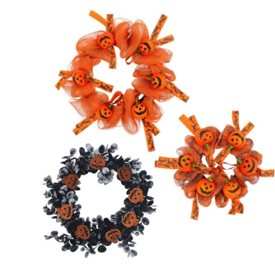 Halloween Pumpkin Wreath Black Orange Door Wall Wreath Hanging Decoration - Imagen 1 de 4