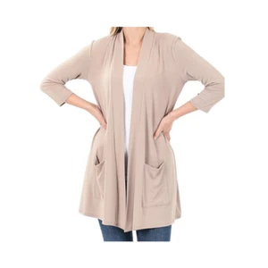 Women's Three-Quarter Sleeve Slouchy-Pocket Open Cardigan, Ash Mocha, XL  - Picture 1 of 1