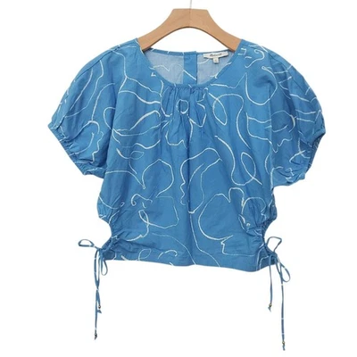 Madewell Crop Top Womens Medium Blue Poplin Puff-Sleeve Cutout Pleated Cotton - image 1 of 4