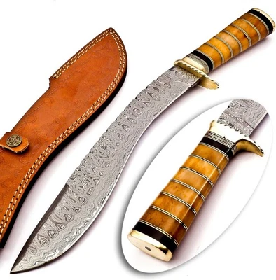 HAM-HASH Handgefertigtes Damast-Kukri 38 cm Jagd Camping-Bowiemesser mit Knochen-Griff