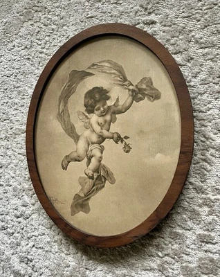 ¡ANTIGUA HERMOSA RARA IMPRESIÓN ENMARCADA OVALADA DE UN QUERUBÍN DE 1908! V. TOJETTI Foto 1 de 4