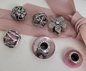 6 x Authentic Sterling Silver Pandora Charms Pink Floral Heart Love Theme - Picture 1 of 4