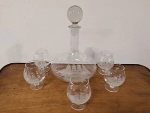 Vintage Clear Etched Crystal Clipper Ship Brandy Decanter With 5 Etched Snifters - Picture 1 of 14