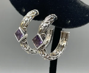 John Hardy A By JH 925 Silver 14k Gold Hoop Amethyst Stone Earrings Preowned - Picture 1 of 6