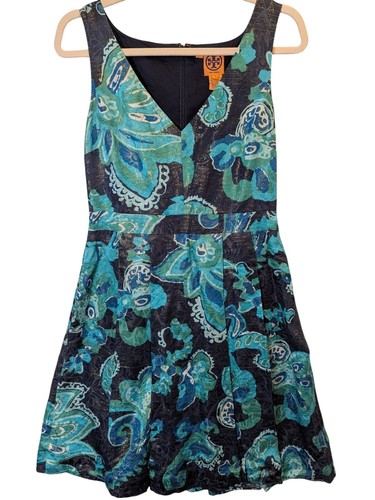 Abito donna Tory Burch taglia 6 seta senza maniche metallizzato plissettato foderato elegante