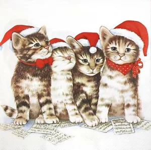 M837# 3 x Single Paper Napkins For Decoupage Cristmas Puppy Cats With Santa Hats - Picture 1 of 1