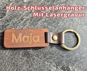 Holz-Schlüsselanhänger mit Gravur Name Keyholder Lasertext Schlüsselring Leder - Bild 1 von 1