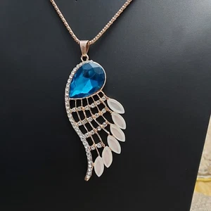 Wing Shape Pendent Goldtone Necklace w/ Teardrop Shaped Blue Colored Faux Stone - Picture 1 of 4