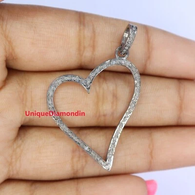 Heart Shape Natural Pave Diamond 925 Sterling Silver Handmade Love Gift Pendant - Image 1 of 4