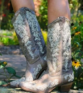 Corral braun Leder Krater Knochen Stickerei Snip Toe Westernstiefel Damen 6 - Bild 1 von 9