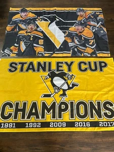 Pittsburgh Penguins 5 veces Stanley Cup Champions bandera y jugadores bandera conjunto de 2 - Imagen 1 de 10