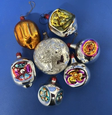 Vintage Glass Christmas Baubles x 7 - Mercury Glass - Antique Rare Concave - Image 1 of 4