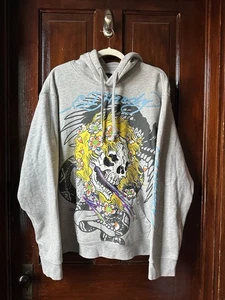 Ed Hardy Hoodie Yellow Hair Skull Heather Grey Pullover Gr. XL - Bild 1 von 9