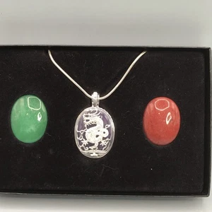 STERLING SILVER Chinese Dragon Pendant W/ 3 INTERCHANGEABLE Jade Stones - Picture 1 of 13