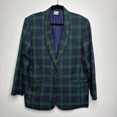Jantzen Vintage 80s Tartan Plaid Blazer Jacket Prep School Green Blue Sz L - Image 1 of 4