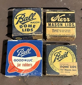 LOTE DE COLECCIÓN 4 cajas tapas Kerr Mason ~ tapas de cúpula BOLA ~ BOLA cauchos de buena suerte - Imagen 1 de 10