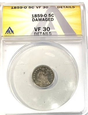 1859 O Nueva Orleans libertad sentada media moneda de diez centavos ANACS losa en estado bastante bueno-30 Foto 1 de 4