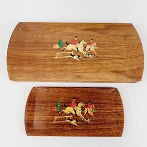 11 Vintage Hasko Party Trays Equestrian Horse Jumping Dogs Hunt Litho Wood Grain - Picture 1 of 13