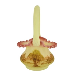 Fenton Art Glass Burmese Ruffled Handled Basket Trees Birds Artist Signed VTG - Picture 1 of 9