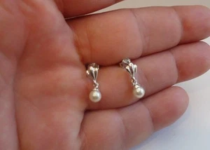 925 STERLING SILVER LADIES STUD DANGLING EARRINGS W/ 5MM WHITE PEARL/STUNNING!!! - Picture 1 of 6