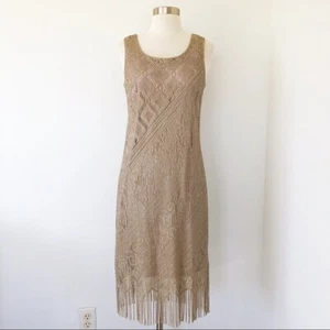 Vintage 70s 80s Fringe Crochet Sheath Dress Tan Shimmer Women Size Small Party - Picture 1 of 11