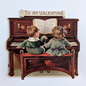 Antico biglietto di San Valentino pop up fustellato bambini che suonano pianoforte Germania - Foto 1 di 6