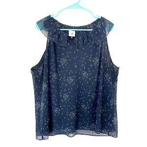 Cabi XL Ever Top 3984 Sleeveless Blouse Navy Blue Floral Ruffle Collar Lined - Picture 1 of 10
