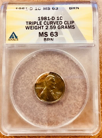 1981 D 1c Lincoln Mint Error Struck on triple curved clip  ANACS MS63 BN Cover