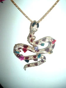 Betsey Johnson "YEAR OF SNAKE" MULTICOLOR Crystals Pendant NECKLACE + BROOCH - Picture 1 of 8