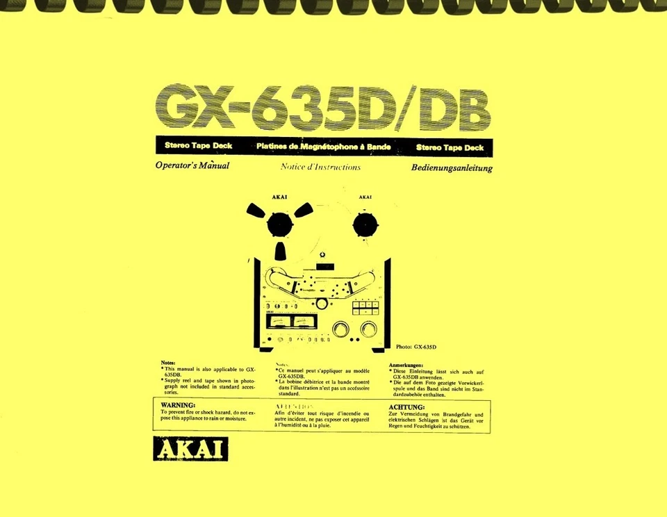 AKAI GX-635D GX-635DB Stereo Tape Deck OWNER'S MANUAL - Image 1 of 1