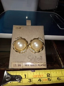 NICE VINTAGE 80's SOLEIL 18K GOLDPLATED CLIP ON PEARL CRYSTAL EARRINGS,VGC - Picture 1 of 5
