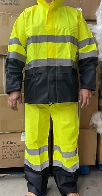 Traje de lluvia de seguridad amarillo, chaqueta de lluvia con capucha y pantalones de lluvia  Foto 1 de 4