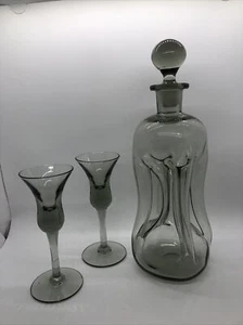Vtg Holmegaard Jacob Bang Kluk Kluk Glass Smoke Gray Decanter & 2 Aperitif Glass - Picture 1 of 24