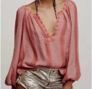 Free People Against All Odds Grommet Long Sleeve Balloon Salmon Blouse XS - Picture 1 of 7