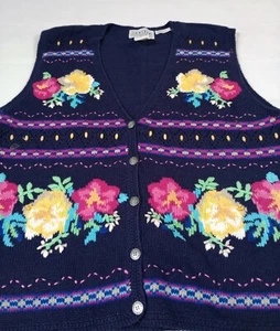 Jantzen Vintage Floral Sweater Vest Women Size Large Hand Embroidered  Button Up - Picture 1 of 7