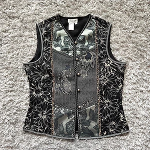 Coldwater Creek Embroidered Vest Womens Size Small Black Gray Floral Crest Goth - Picture 1 of 9