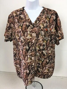 Couture Womens Scrub Top Size M Brown Beige Camouflage 1 Front Pocket V neck - Picture 1 of 13