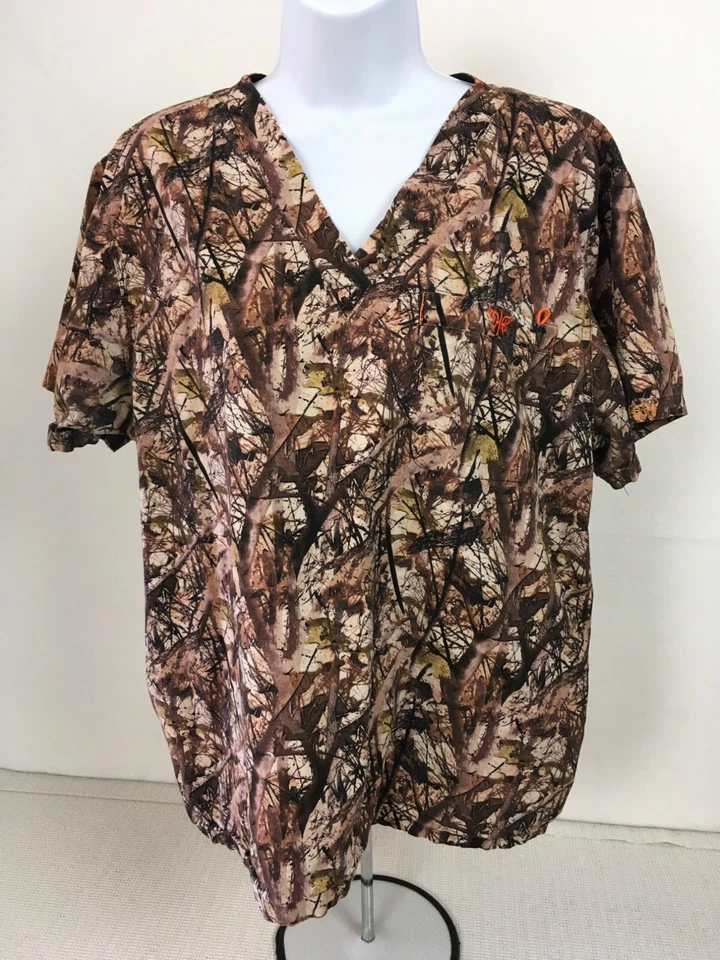 Couture Womens Scrub Top Size M Brown Beige Camouflage 1 Front Pocket V neck - Image 1 of 4