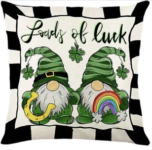 ST PATRICKS DAY Linen THROW PILLOW COVER 18"X18" "LOADS OF LUCK" GNOMES NEW - Picture 1 of 1
